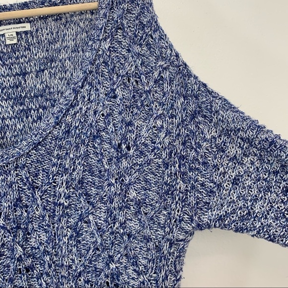 Americal Eagle WomansV Neck Sweater Large Blue White Cotton Blend Loose Knit - Picture 7 of 9